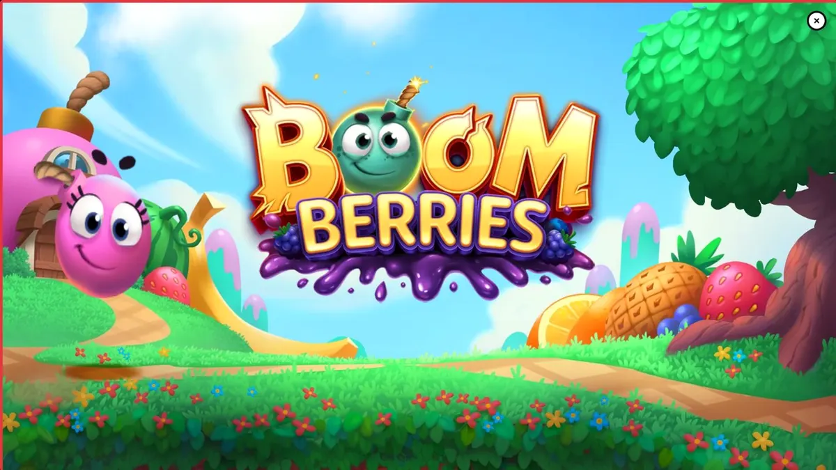 Tampilan visual slot Boomberries dengan tema buah-buahan dan desa dongeng.